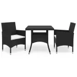 Set mobilier de grădină, 3 piese, negru, poliratan și sticlă GartenMobel Dekor
