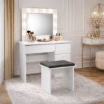Masa de toaleta/machiaj, Irina + taburet, alb, cu oglinda si LED-uri, 94x43x141 cm GartenVIP DiyLine