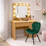 Masa de toaleta/machiaj, Irina, stejar + scaun Lago, verde, cu oglinda si LED-uri, 94x43x141 cm GartenVIP DiyLine