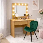 Masa de toaleta/machiaj, Irina, stejar + scaun Lago, verde, cu oglinda si LED-uri, 94x43x141 cm GartenVIP DiyLine