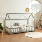 Pat copii tipi Sisimiut cu saltea 90x200 cm, gri deschis/alb