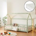 Pat copii tip căsuță Sisimiut cu saltea 90x200 cm, mentă/alb