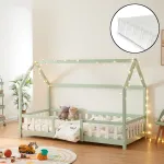 Pat copii tip căsuță Sisimiut cu saltea 90x200 cm, mentă/alb