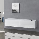 Comodă TV suspendată Evaton 140x33x30 cm, alb lucios, 2 uși