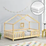 Pat copii tip casuta 70x140 cm din lemn natur cu saltea