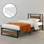 Pat metalic 90x200 cu saltea inclusa, negru cu aspect nuc