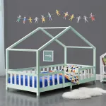 Pat copii tip căsuță Treviolo 90x200 cm mentă/alb, din lemn