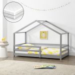 Pat copii tip căsuță 70x140 cm gri cu protecție și saltea