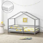 Pat copii tip căsuță 70x140 cm gri cu protecție și saltea