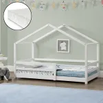 Pat copii tip căsuță 90x200 cm cu protecție, somieră și saltea, alb
