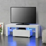 Comodă TV LED Grimsey albă cu sertar și rafturi din sticlă 130 cm
