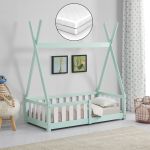 Pat pentru copii tip cort din lemn cu saltea 70x140 cm, mentă