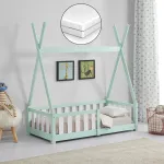 Pat pentru copii tip cort din lemn cu saltea 70x140 cm, mentă