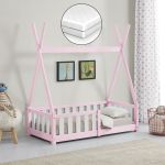 Pat copii tip cort din lemn roz 70x140 cm cu saltea ortopedica