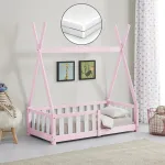Pat copii tip cort din lemn roz 70x140 cm cu saltea ortopedica