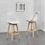 Set 4 scaune de bar Lublin albe cu spătar și picioare din lemn