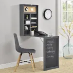 Birou suspendat pliabil de perete cu rafturi și tablă, gri închis