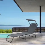 Șezlong pliabil de grădină și plajă cu copertină, gri închis, 187 cm