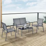 Set mobilier de grădină 4 piese cu bancă, masă și 2 scaune, gri deschis
