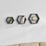 Set 3 rafturi de perete hexagonale Greiz, design fagure, gri închis