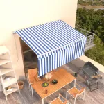 Copertină retractabilă manual cu stor, albastru&alb, 3,5x2,5 m   GartenMobel Dekor