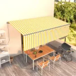 Copertină retractabilă manual cu stor, galben&alb, 5x3 m GartenMobel Dekor