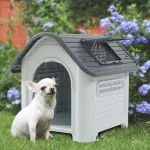 Cusca pentru caini Bello din plastic cu trapa, alb/gri, 87x72x75 cm