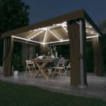 Pavilion cu perdea & șir de lumini LED, gri taupe, 4x3 m GartenMobel Dekor