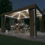 Pavilion cu perdea & șir de lumini LED, gri taupe, 4x3 m GartenMobel Dekor