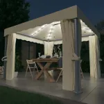 Pavilion cu perdele & șiruri lumini LED, alb crem, 3x3 m GartenMobel Dekor