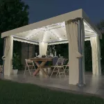 Pavilion cu perdele & șiruri lumini LED, alb crem, 4x3 m GartenMobel Dekor