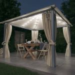 Pavilion cu perdele & șiruri lumini LED, crem, 3x3 m, aluminiu GartenMobel Dekor