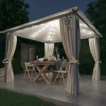 Pavilion cu perdele & șiruri lumini LED, crem, 3x3 m, aluminiu GartenMobel Dekor