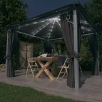 Pavilion cu perdele & șiruri lumini LED antracit 3x3 m aluminiu GartenMobel Dekor