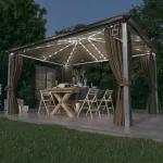 Pavilion cu perdele&șiruri lumini LED gri taupe 4x3m aluminiu GartenMobel Dekor