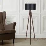 Lampadar Rochester E27 cu finisaj nuc și abajur negru, design modern
