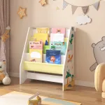 Bibliotecă pentru copii Fisterra cu 4 rafturi, model dinozaur, alb/verde/galben