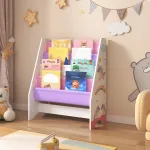 Bibliotecă pentru copii Fisterra cu unicorn, 4 rafturi, alb roz lila