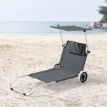 Șezlong pliabil Lazkano cu roți și parasolar reglabil, gri închis