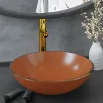 Chiuvetă baie, robinet și scurgere tip push, maro sticlă călită GartenMobel Dekor