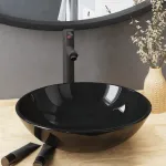 Chiuvetă baie, robinet&scurgere tip push, negru, sticlă călită GartenMobel Dekor