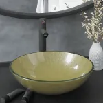 Chiuvetă baie cu robinet și scurgere tip push, sticlă aurie GartenMobel Dekor