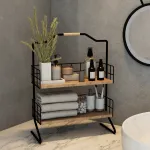 Raft de baie Sallingsund cu 2 polite, metal negru si MDF aspect lemn