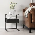 Masă laterală Vissenbjerg cu sertar, blat din sticlă, negru mat