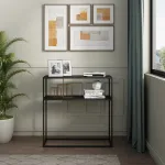 Masă consolă Kuhmo neagră din metal, cu poliță, 80x80x30 cm