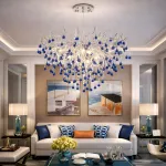 Candelabru din cristal albastru 60 cm, 9x G9, crom, inaltime reglabila