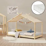 Pat copii tip căsuță din lemn natural 90x200 cm cu saltea inclusă