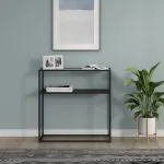 Masă consolă Kuhmo neagră cu blat din sticlă securizată