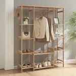 Cuier tip stander Ilomantsi din bambus cu rafturi si bara pentru haine