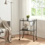 Cărucior de servire Austrheim cu 2 rafturi și suport reviste, negru